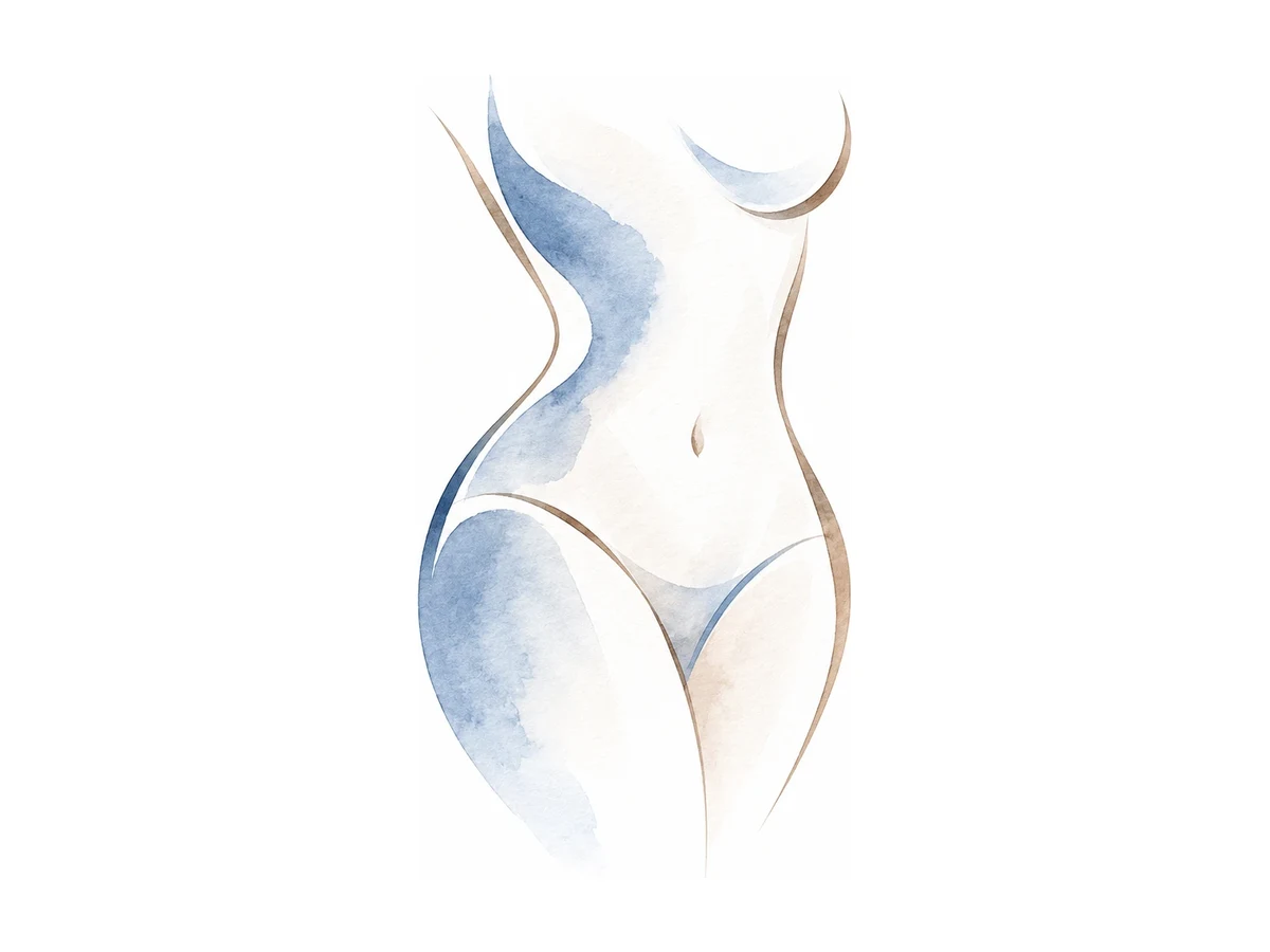 Ilustração em aquarela de silhueta feminina, representando contorno corporal