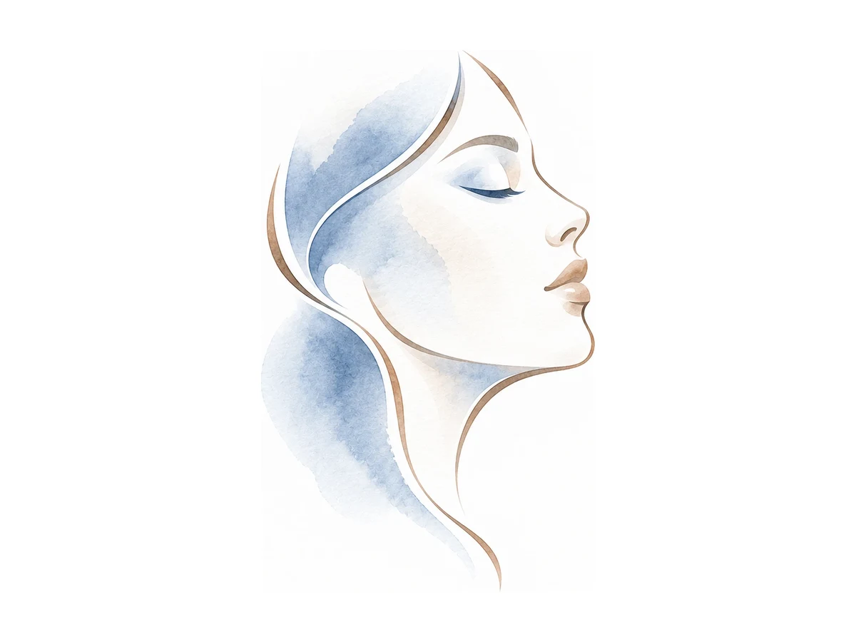 Ilustração em aquarela de perfil feminino, representando a blefaroplastia