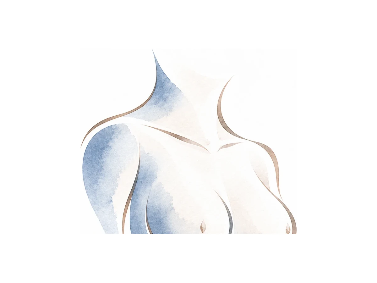 Ilustração em aquarela de colo e ombros femininos, representando cirurgias das mamas