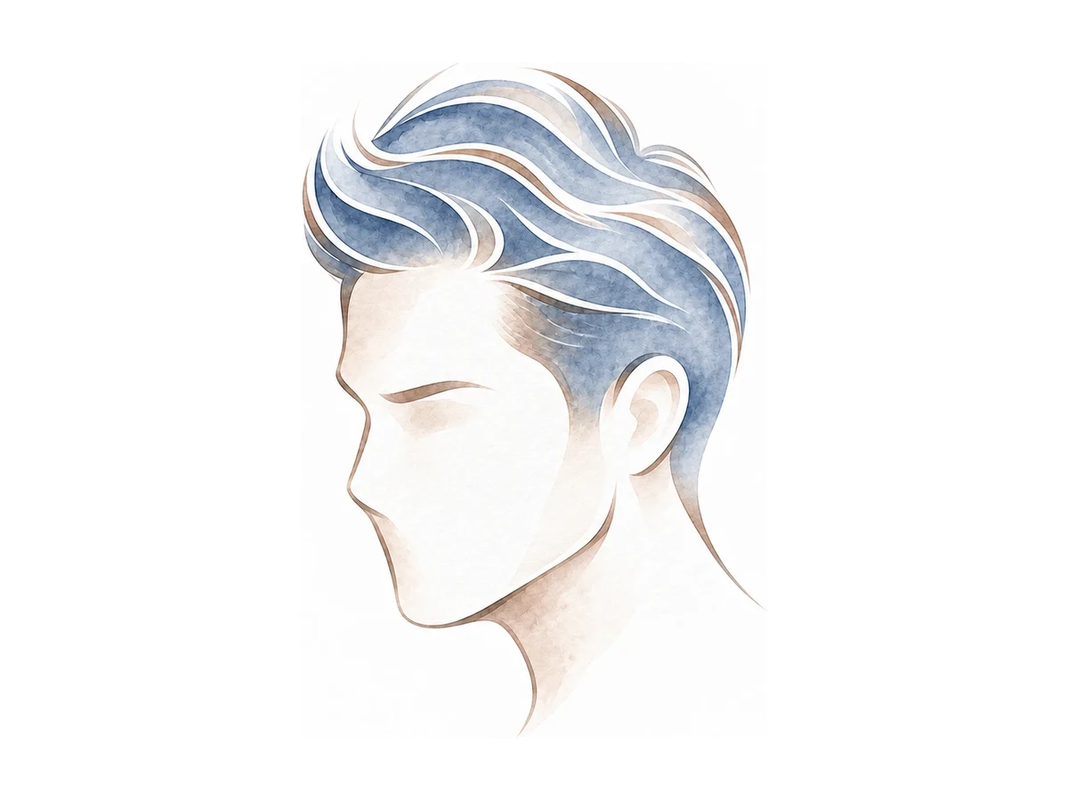 Ilustração em aquarela de perfil masculino com cabelo denso, representando transplante capilar